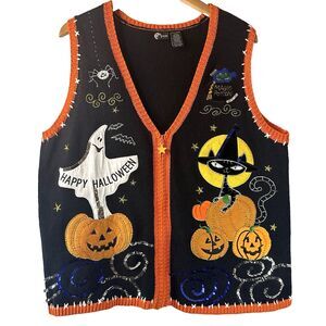 Holiday Editions Vest Woman’s XL Black Halloween Sequins Embroidery Pumpkins Cat